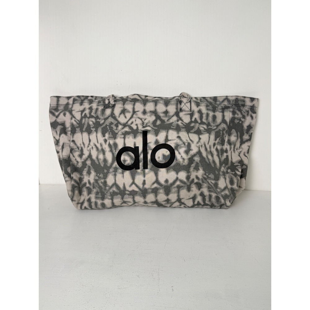 Alo Yoga Oversized Shopper Tote Bag Gray White Tie Dye Cotton Logo Carryall